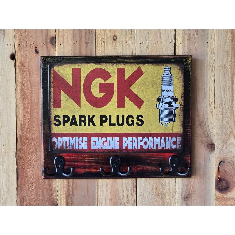 NGK Spark Plugs Key Holder, Solid Wood w/ Metal Sign & Hooks, Vintage Look